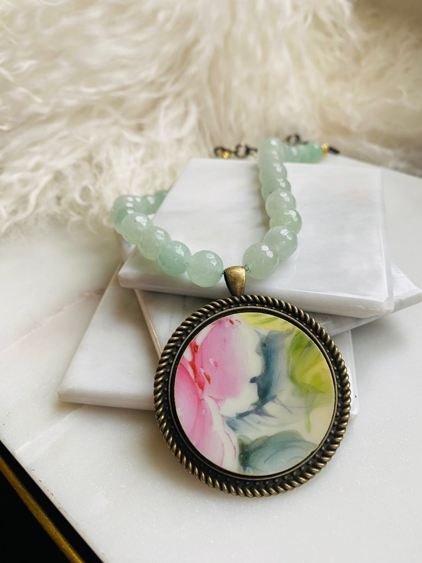 Vintage China and Green Adventurine Necklace