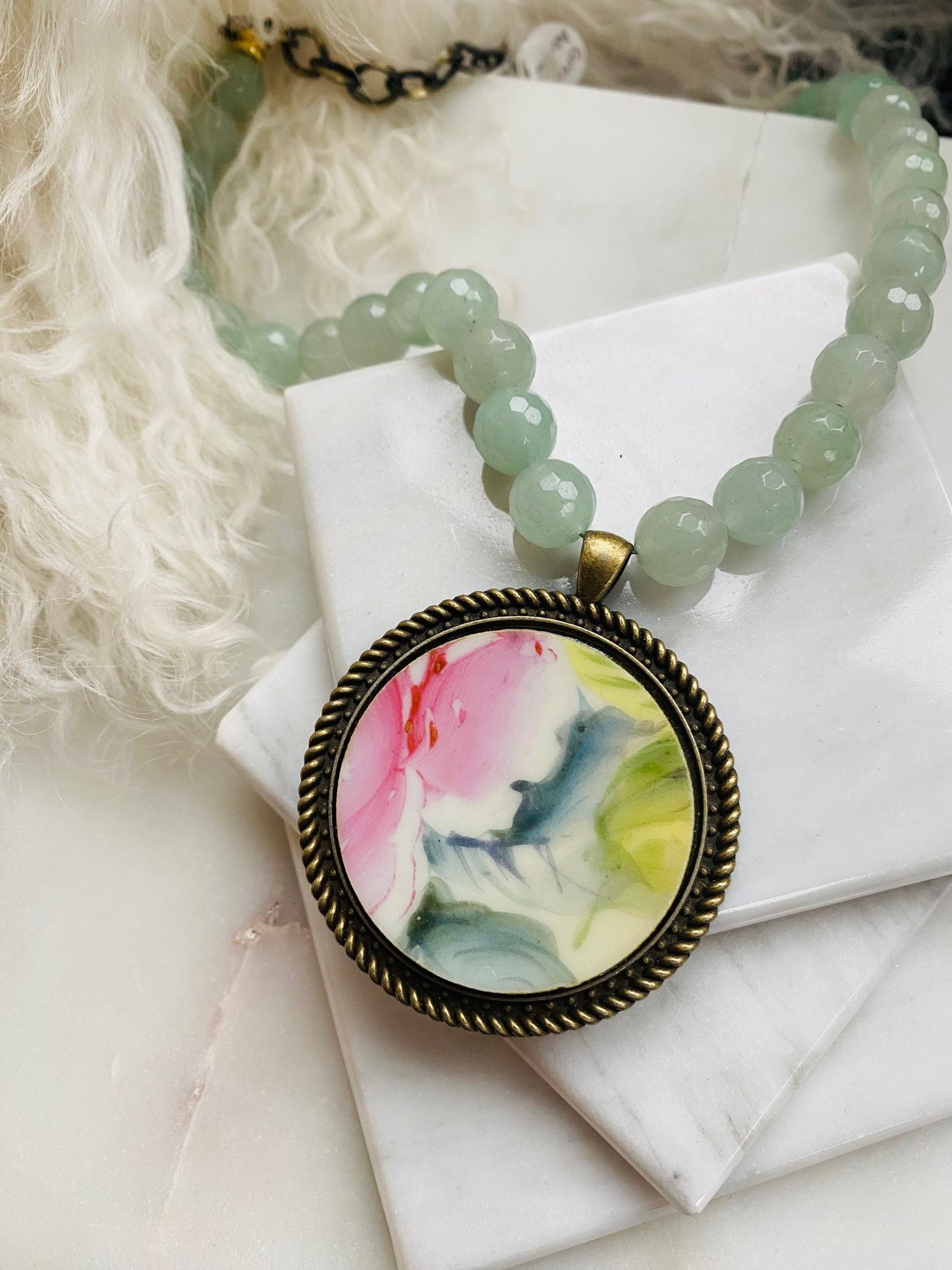 Vintage China and Green Adventurine Necklace