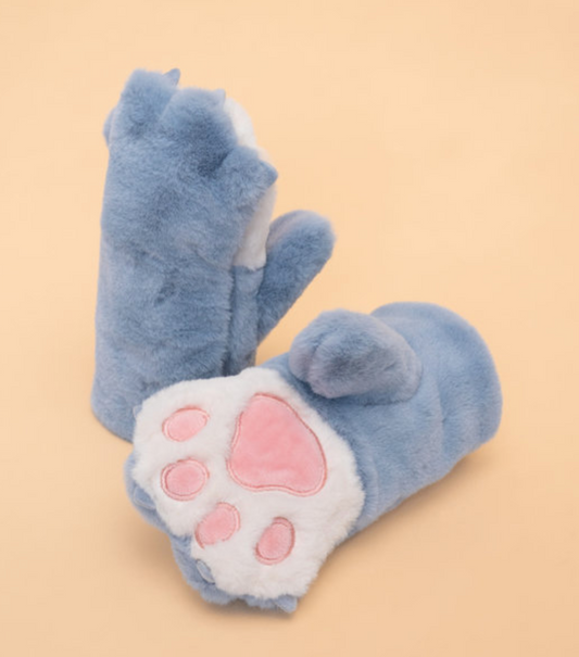 Kids Bear Paw Fluffy Mittens - Blue