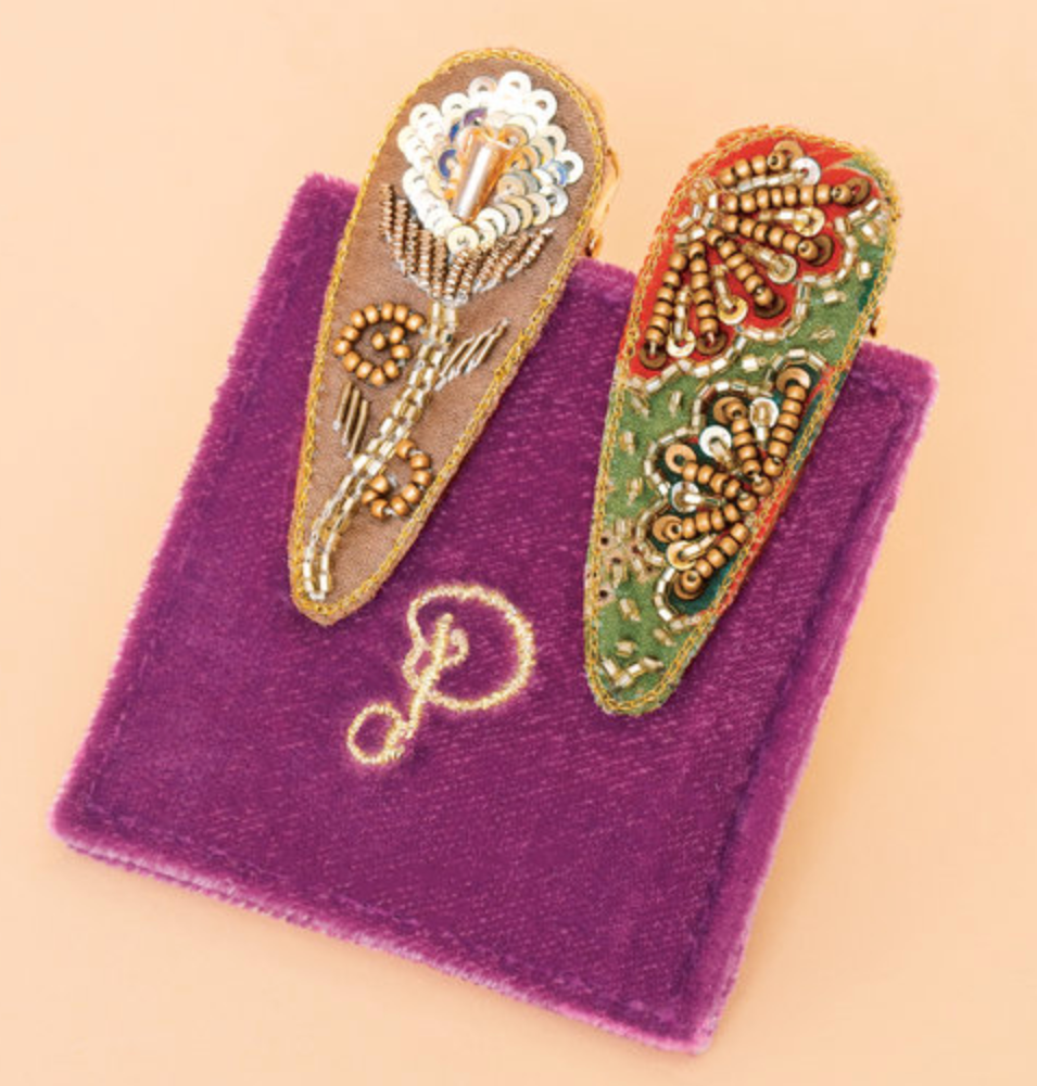 Jewelled Hair Clips (Set of 2) - Floral Stem & 60s Abstract, Sage