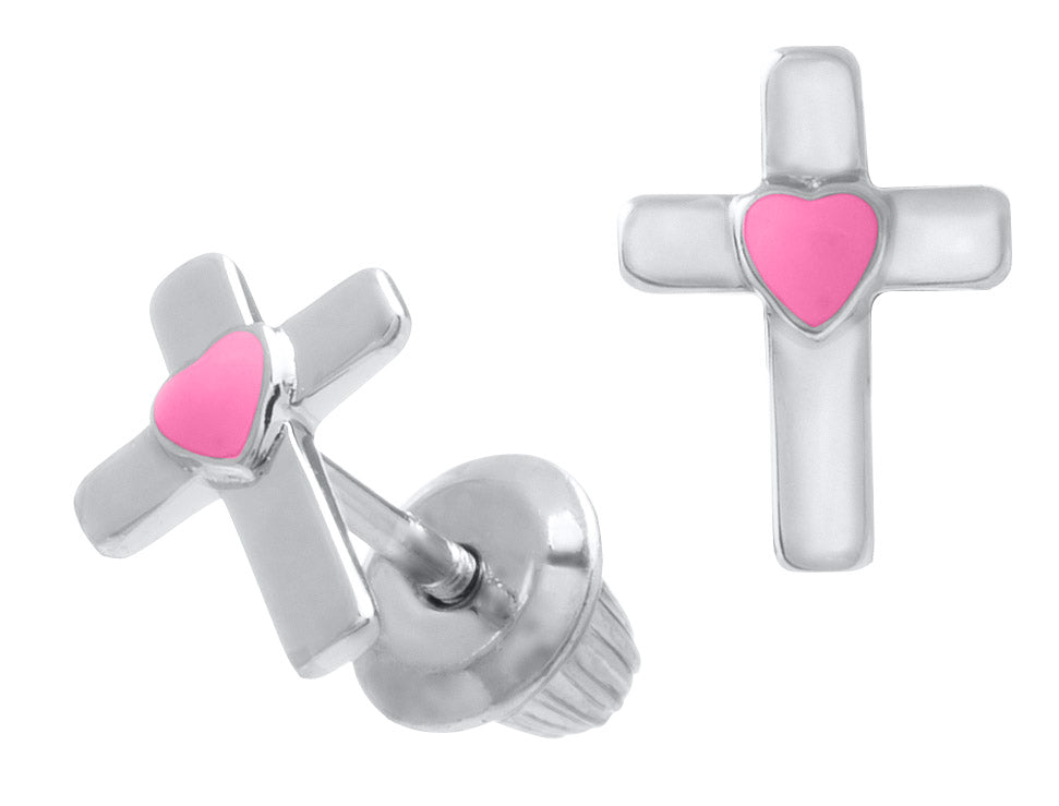 Children's Sterling Silver Cross with Pink Heart Earrings